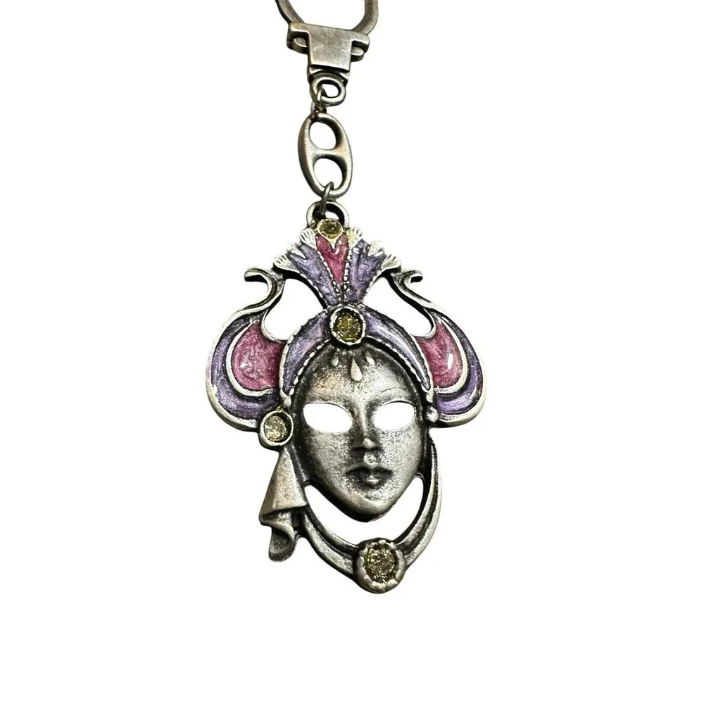 Italy METAL keychain Or Bag Charm CARNIVAL MASK Purple/Pink, Rhinestones